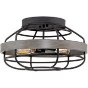Wholesale - Barlow 17" 2-Light Farmhouse Flush Mount Ceiling Light + Cage Style Design, Gray Oak Wood Style + Textured Black Finish, UPC: 810018525736